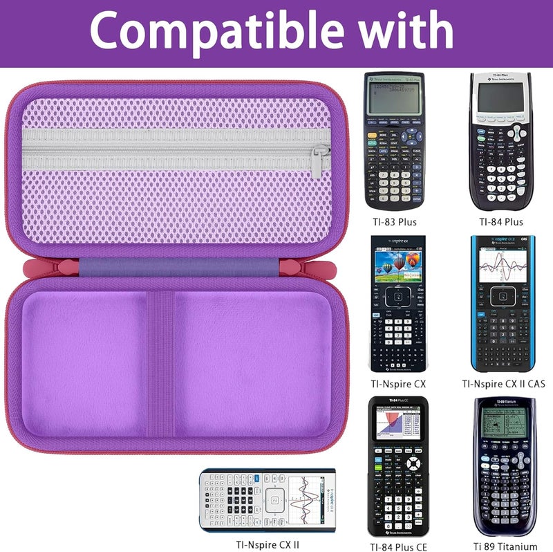 Baval Calculator Case Compatible with Texas Instruments TI-84 Plus CE/TI-84 Plus/TI-Nspire CX II CAS/TI-Nspire CX II/TI-83 Plus/TI-89 Titanium Color Graphing Calculator(Purple Case,Rose Red Zipper) - Image 3